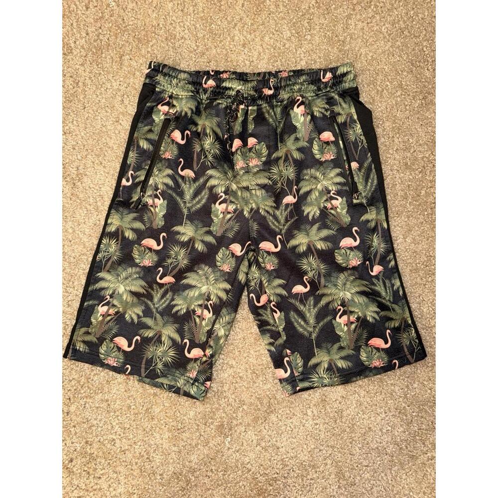 Burnside Men’s Medium Flamingo Tropical Palm Print Fleece Shorts Gray Pink Black